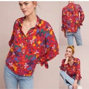 Maeve Anthropologie Blouse Women Size 4 Colorful Blithe Floral Fruit Tie Cuffs